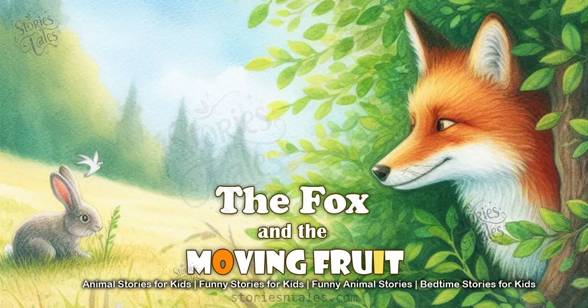 The fox named Felix is peeking behind a bush, plotting to catch the fluppy bunny named Luke, as told in one of the exclusive animal stories for kids at storiesntales.com, titled "The Fox and the Moving Fruit." Brought to you by storiesntales.com, the website for free and quality bedtime stories, animal stories, moral stories, funny stories, and more for kids.