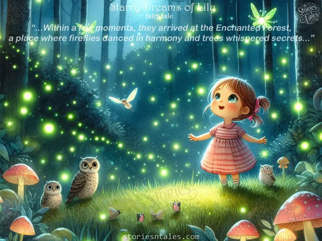 Fairy Tales for Kids - Starry Dreams of Lily -  Lily Opening Her Arms and Fireflies Flying Around Her - storiesntales.com