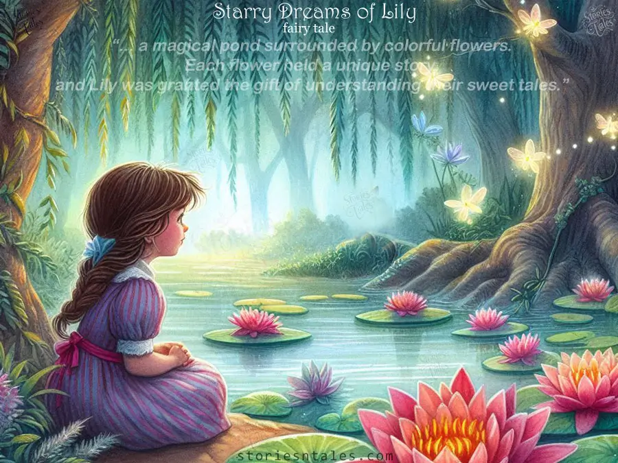 Fairy Tales for Kids - Starry Dreams of Lily - Lily sitting at the pond listening to the stories from flowers - storiesntales.com