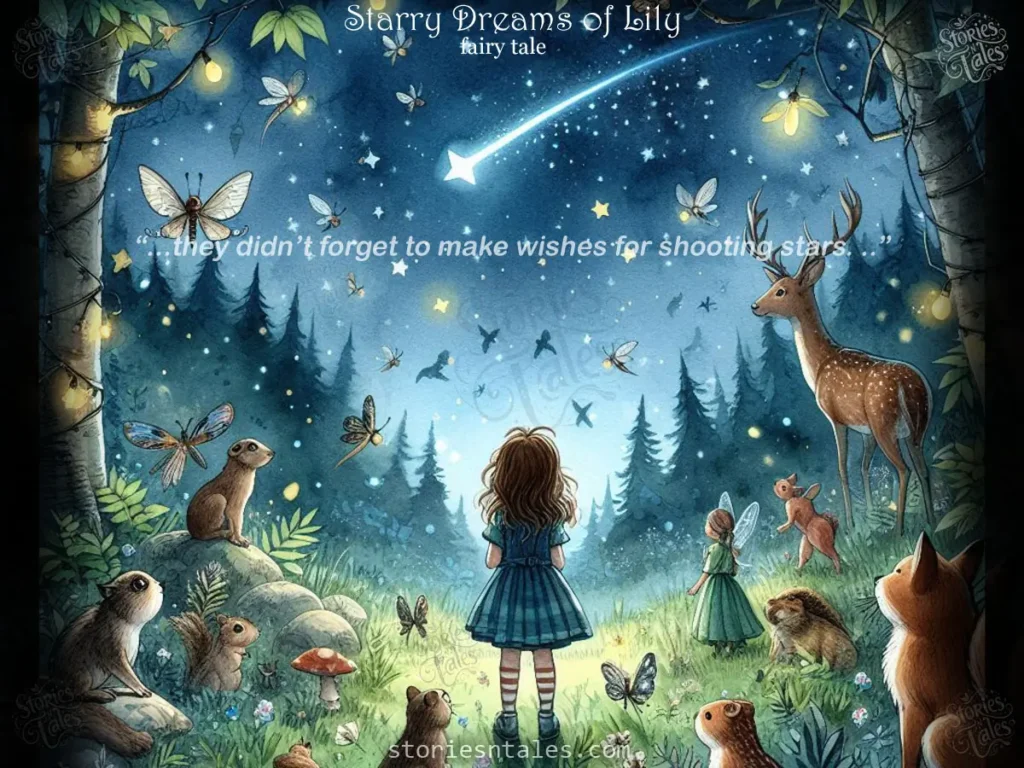 Fairy Tales for Kids - Starry Dreams of Lily - Lily making a wish to a shooting star - storiesntales.com