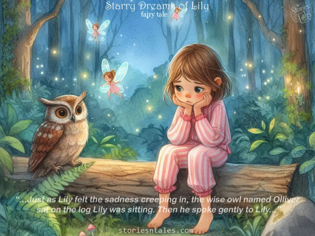 Fairy Tales for Kids - Starry Dreams of Lily - Oliver consonling Lily with his wise words - storiesntales.com