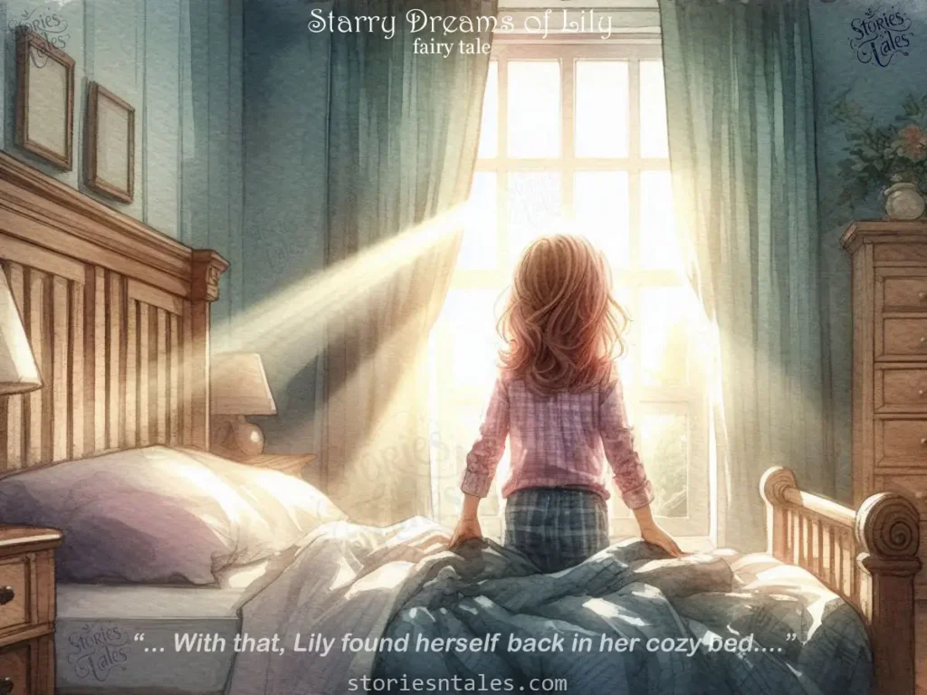 Fairy Tales for Kids - Starry Dreams of Lily - Lily waking up on her cozy bed at home after the starry dreams in the enchanting forest - storiesntales.com